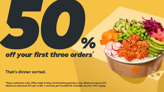 Order Food Near You In Cardiff and get 50%* off your first three orders in the app