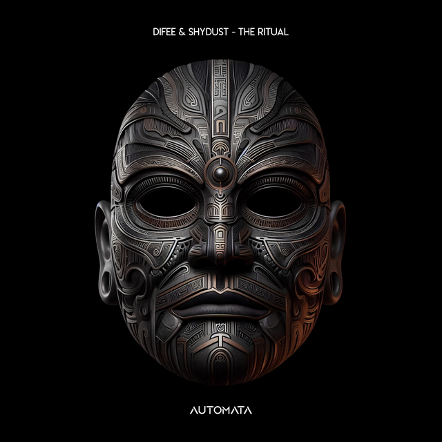 A dark, intricately detailed metallic mask with tribal and circuit-like patterns, on a black background. Text reads "DIFEE & SHYDUST - THE RITUAL" and "AUTOMATA".