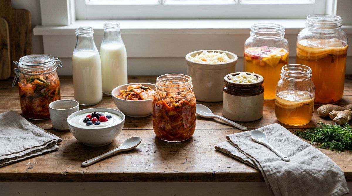 Fermented foods including kimchi, kefir, yogurt and sauerkraut shown together — science confirms their gut microbiome benefits.