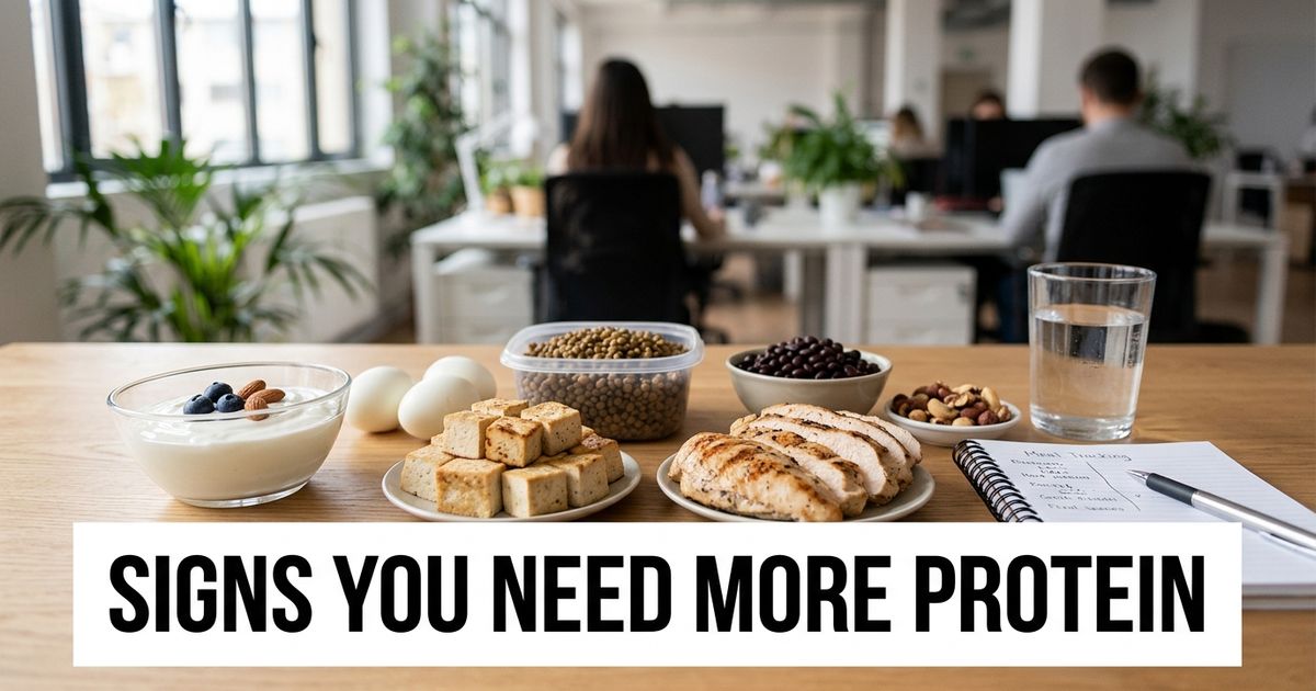 High-protein foods on a meal prep table with yogurt, eggs, lentils, tofu, chicken, beans and nuts.