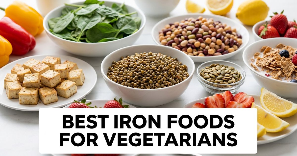 Vegetarian iron-rich foods including lentils, tofu, spinach, beans, seeds, cereal, bell peppers and strawberries.