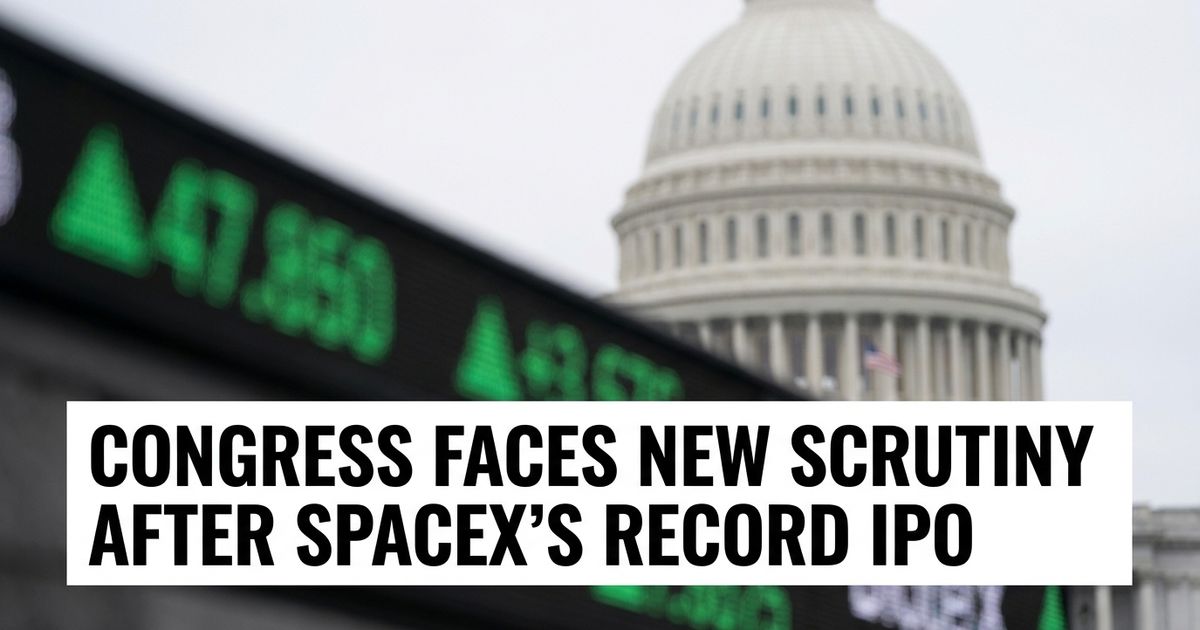 US Capitol building behind a stock ticker representing congressional SpaceX stock scrutiny