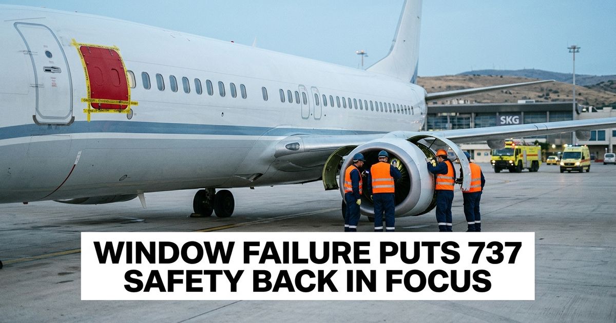 Ryanair window failure investigation represented by a grounded Boeing 737, covered cabin window and engine inspection.