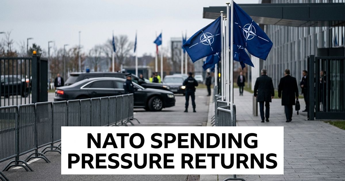 NATO flags outside a summit venue as defence spending pressure returns before the Ankara summit.