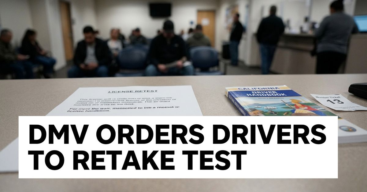 California DMV retest notice on a service counter with a driver handbook and blurred office background.