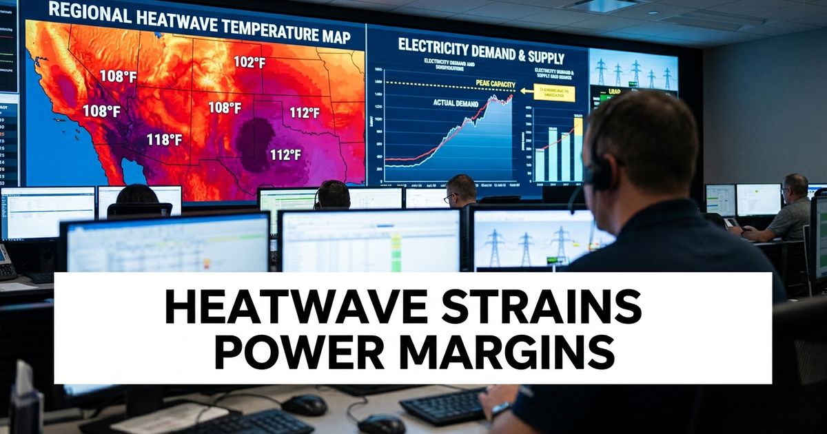 Grid control room with electricity demand charts, heatwave map and power-line silhouettes.