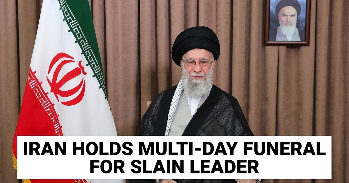 Empty formal mourning hall with dim ceremonial lighting, representing Iran's funeral ceremonies for Ayatollah Ali Khamenei