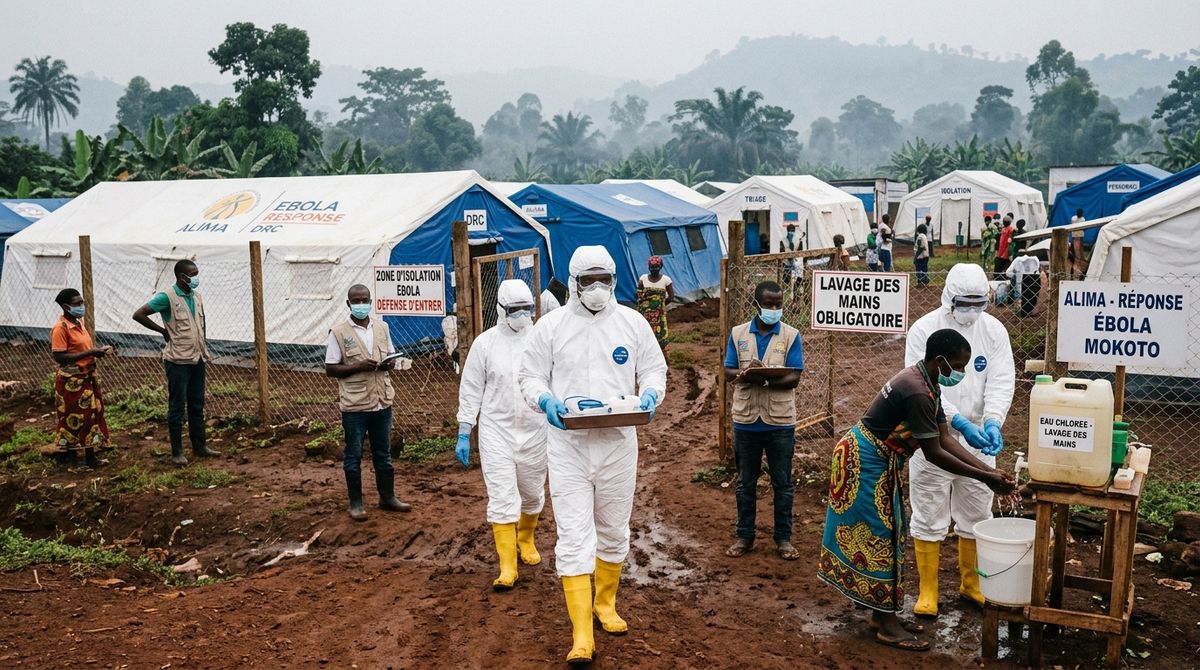 Ebola outbreak in Congo with health workers outside treatment centre