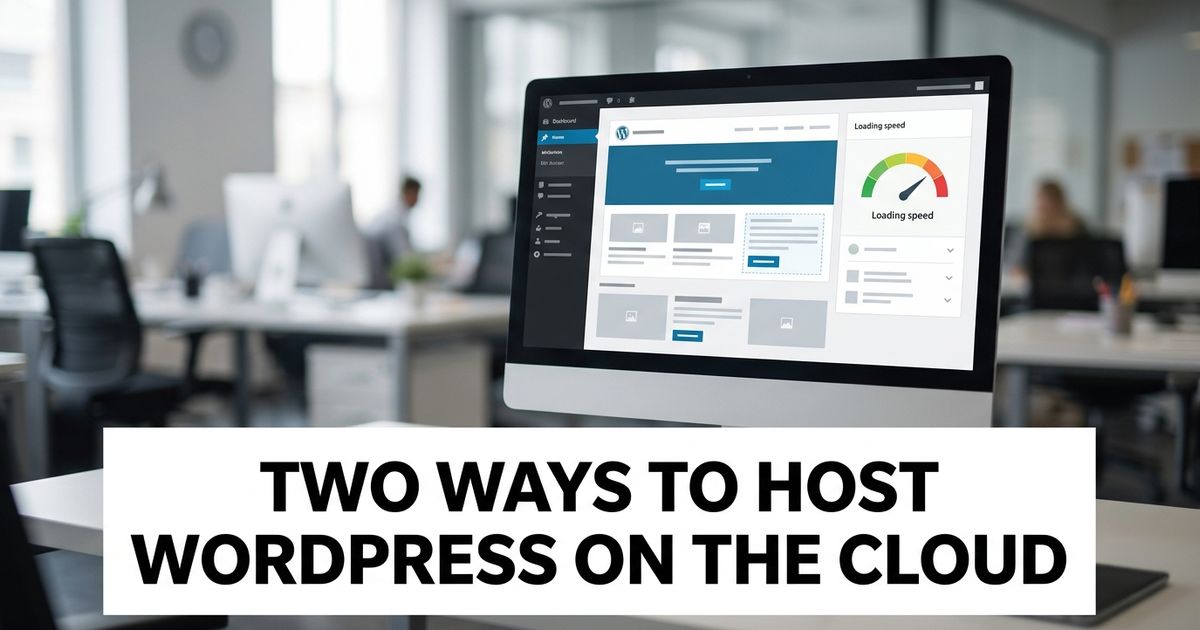 Desktop monitor showing an abstract website builder interface with a speed gauge, representing a Cloudways WordPress hosting review
