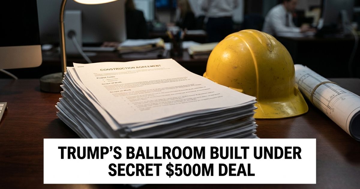 Construction contract documents beside a hard hat and blueprints, representing the no-bid deal behind Trump's White House ballroom