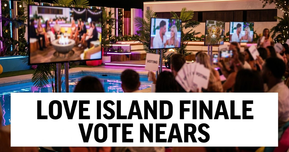 Reality TV villa watch-party setup with voting cards and tropical poolside lights before a finale.
