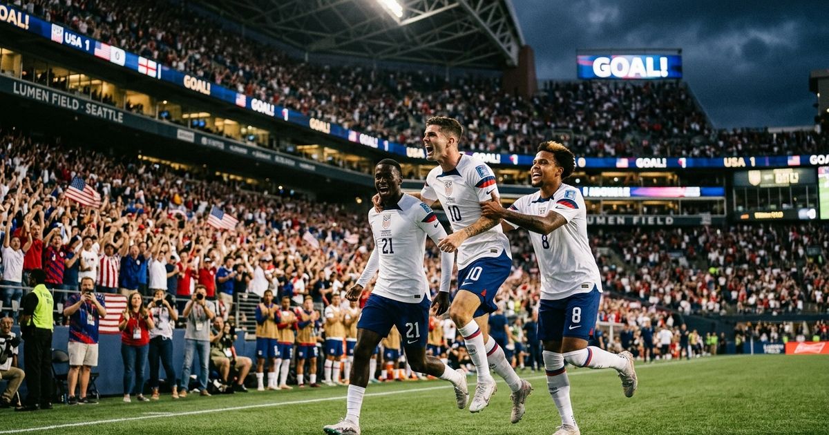 The USA celebrates Alex Freeman's header as they beat Australia 2-0 at Lumen Field in Seattle to clinch a Round of 32 spot at the 2026 World Cup.