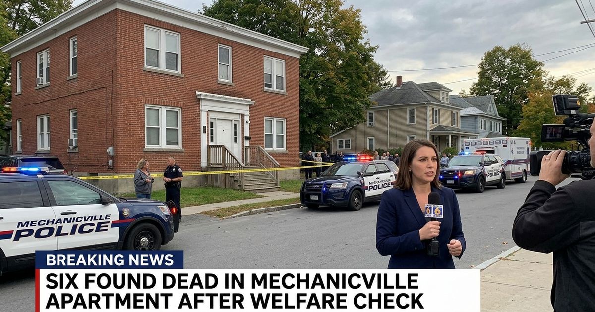 Police tape surrounds an apartment building on Harris Avenue in Mechanicville, New York, where six people — including four children — were found dead following a welfare check on June 23, 2026.