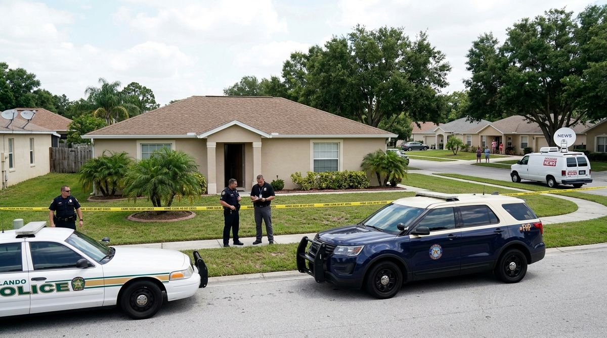 TheTrendsWire-Style realistic AP-style editorial photography showing police vehicles parked outside a suburban Florida residential home with crime scene tape, daytime, breaking news photography, 16:9.