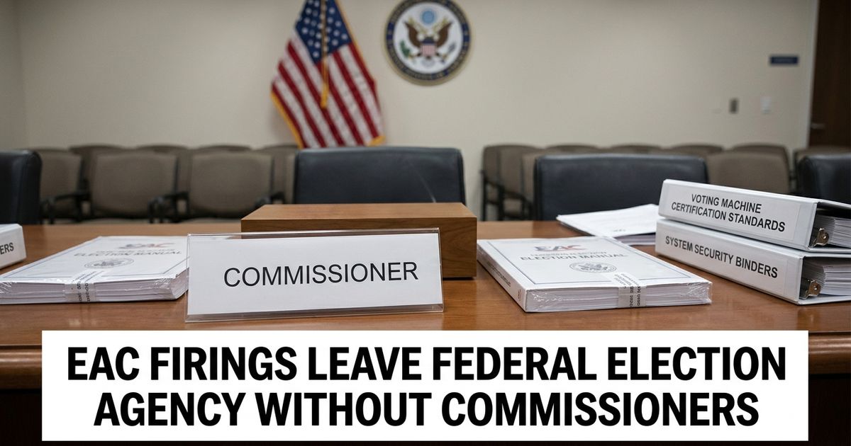 Empty federal election commission hearing room with voting-system certification binders and vacant commissioner nameplates.