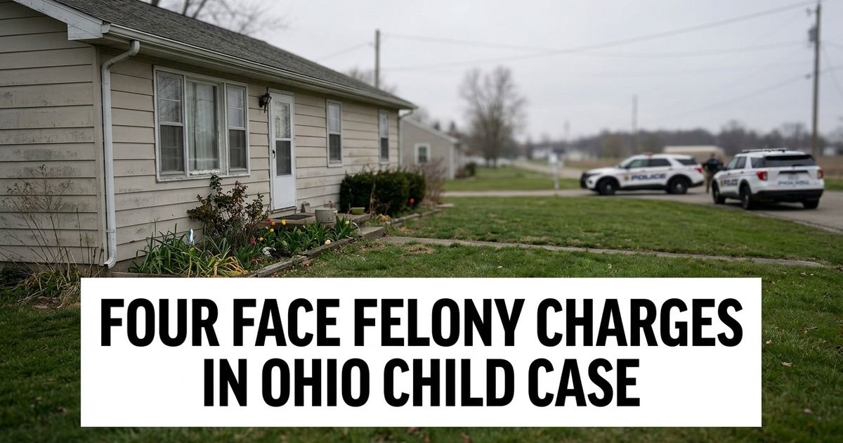 Rural home exterior with police vehicles at a distance, representing the Vinton County child welfare case in Ohio