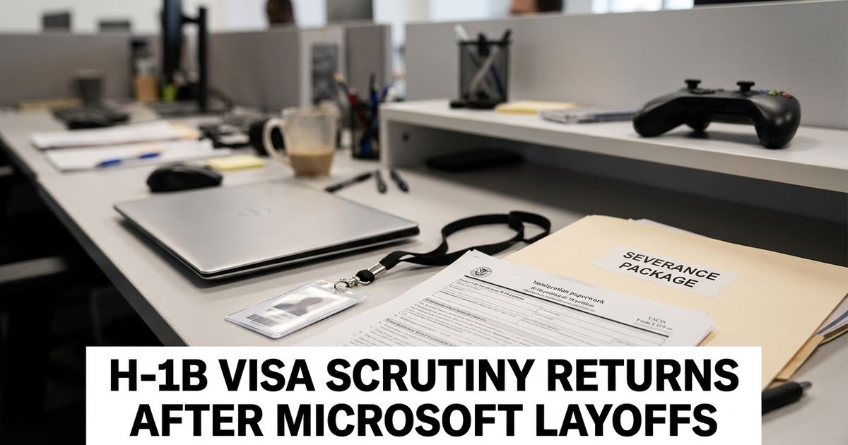 Tech office desk with immigration paperwork, severance folder and laptop after layoffs.