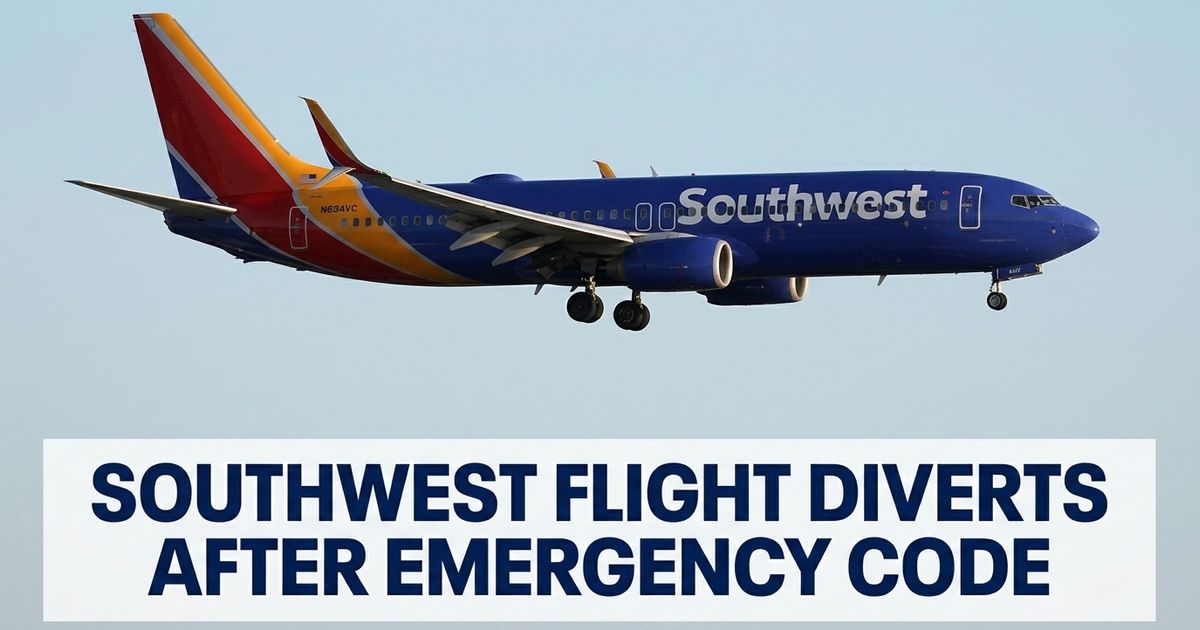 Southwest emergency diversion represented by a passenger jet and emergency vehicles at an airport.