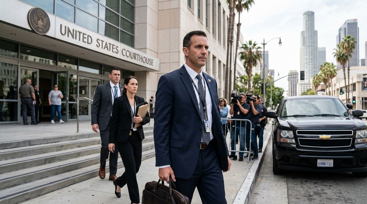 Federal agents outside the US District Court in Los Angeles as hospice fraud charges are filed against Oren David Shachar and others.