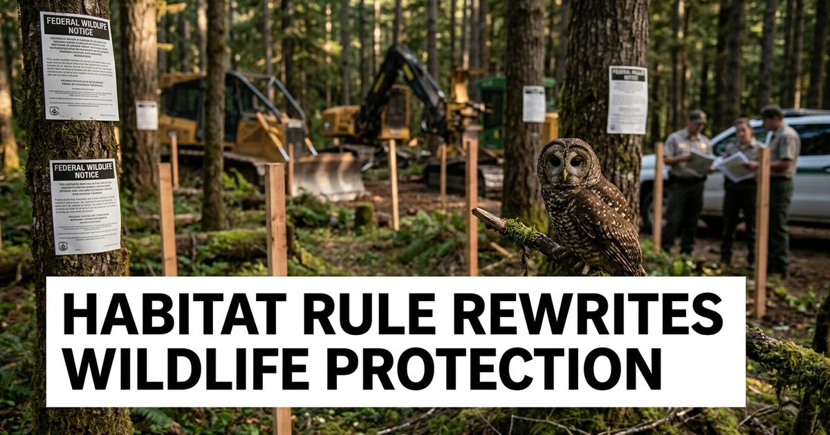 Trump endangered species habitat rule illustrated by protected forest, wildlife notices and nearby logging equipment.