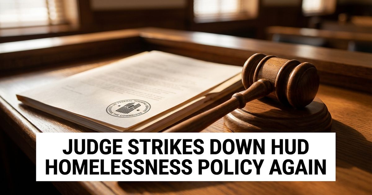 Federal housing grant documents beside a gavel on a courtroom desk, representing the ruling against HUD's homelessness policy overhaul