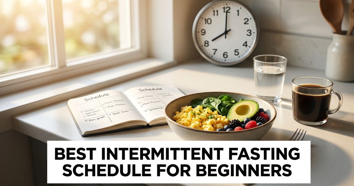Clock, water, black coffee and balanced meal bowl on a kitchen counter for a beginner fasting schedule.