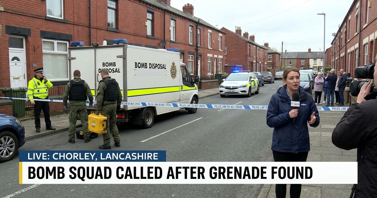 Bomb disposal teams were called to Kirkstall Close in Chorley after a suspected grenade was found during a police search, prompting evacuations.