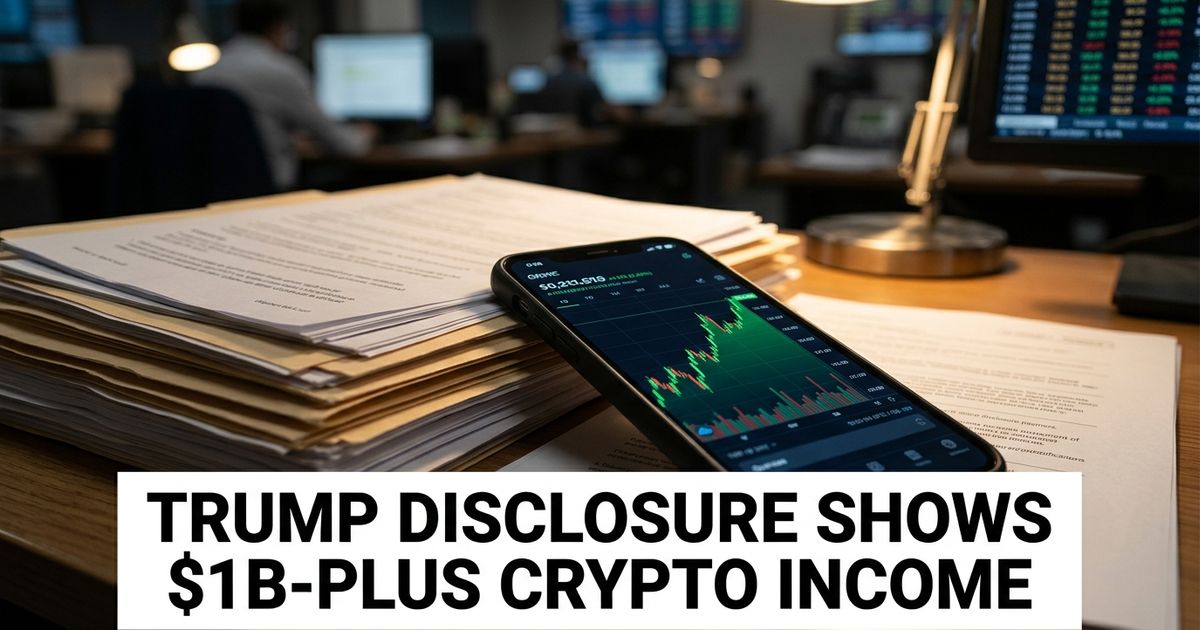 Financial disclosure documents next to a phone showing a rising crypto price chart, representing Trump's 2025 crypto income disclosure