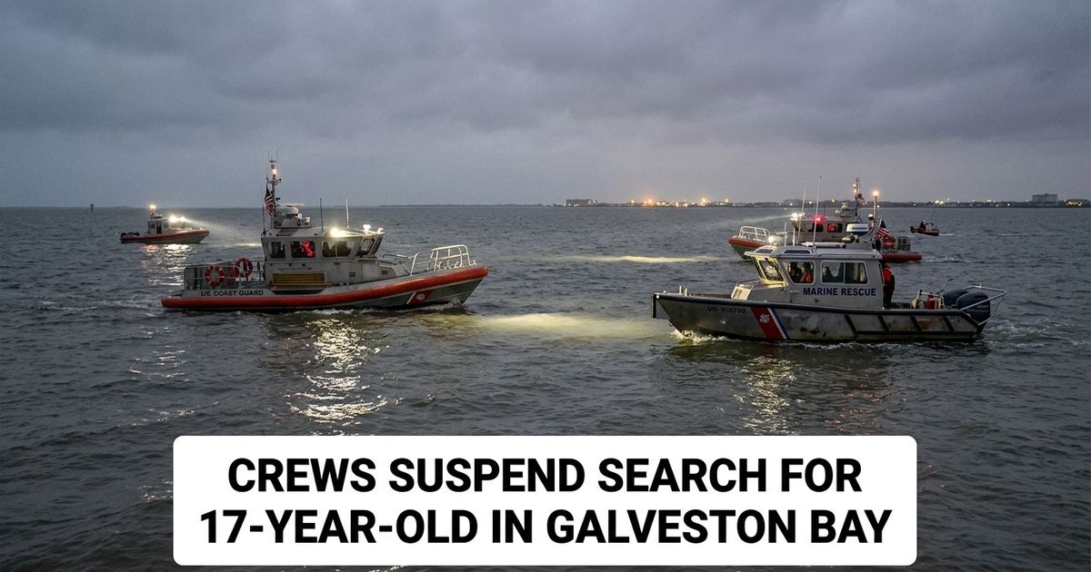 Search crews including the US Coast Guard, Texas City Fire Department Marine Unit, Galveston Police Marine Division and Texas EquuSearch spent Saturday searching Galveston Bay for 17-year-old Nathan Lowery before suspending active operations at 6:15 p.m. Recovery efforts are set to resume Sunday at first light.