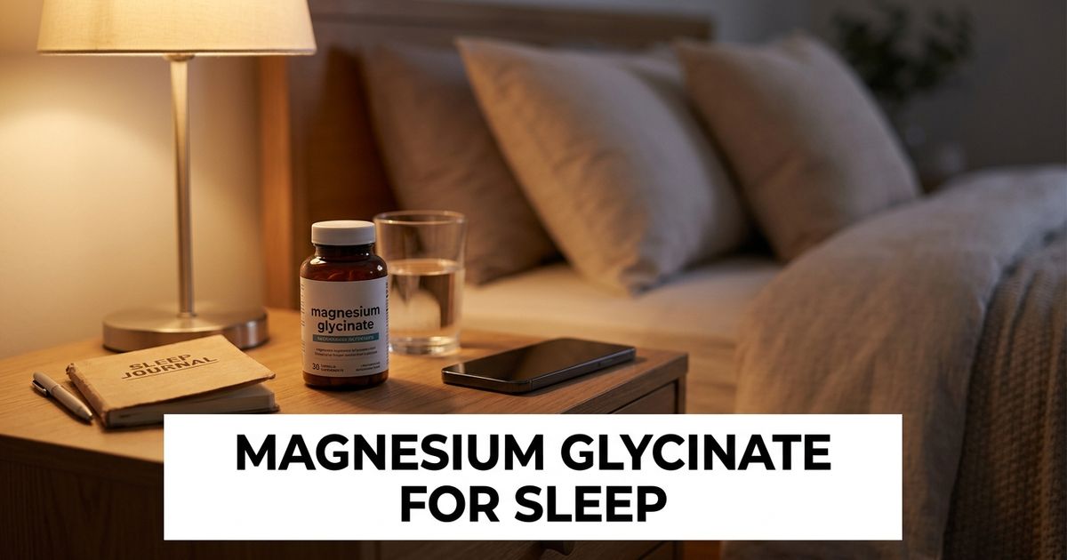 Magnesium glycinate sleep supplement bottle on a bedside table for a 2026 guide to natural sleep aid options.