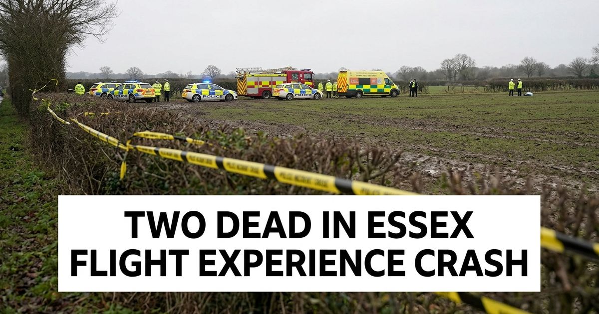 Rural field with police tape and emergency vehicles at a distance, representing the fatal plane crash near High Ongar, Essex