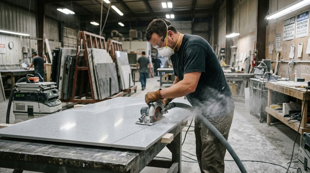 Countertop worker cutting quartz stone — silicosis cases among US fabrication workers have exceeded 480 in California alone.