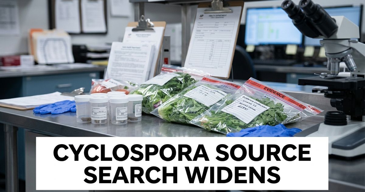 Public-health lab counter with produce samples, gloves and microscope during a Cyclospora investigation.
