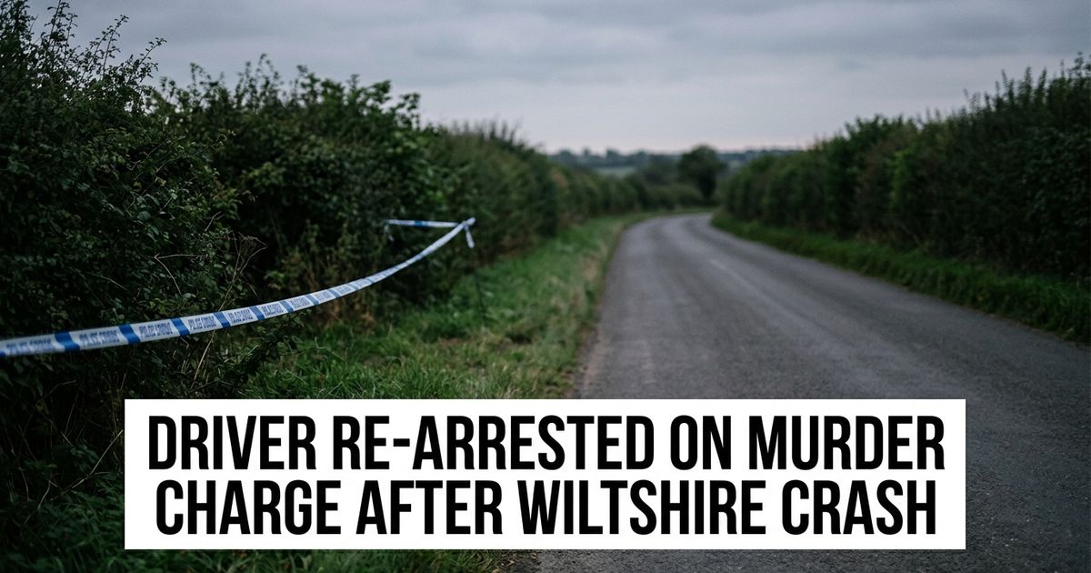 Rural Wiltshire B-road with police tape representing the crash-turned-murder investigation