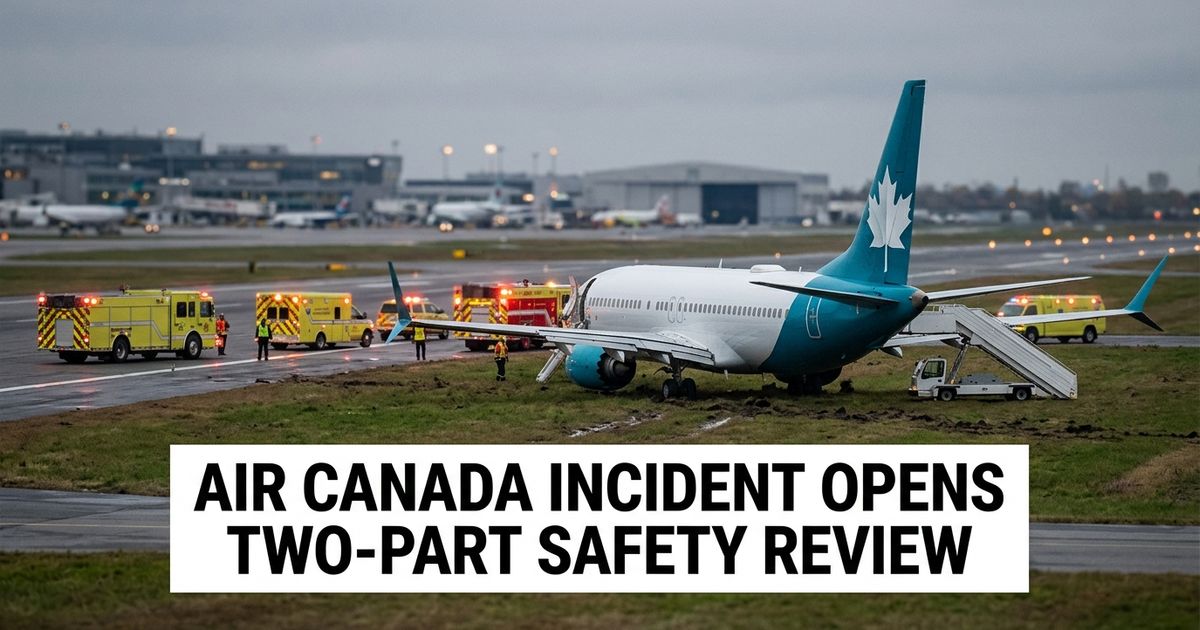 Air Canada AC774 runway excursion shown by a Boeing 737 stopped in grass beside a Montréal-Trudeau taxiway.