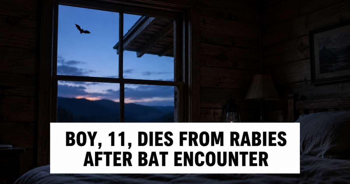Cottage window at dusk with a bat silhouette nearby, representing the Ontario rabies case linked to bat exposure