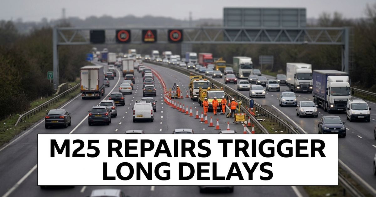 Slow M25 traffic beside orange cones and emergency repair crews under grey morning skies.