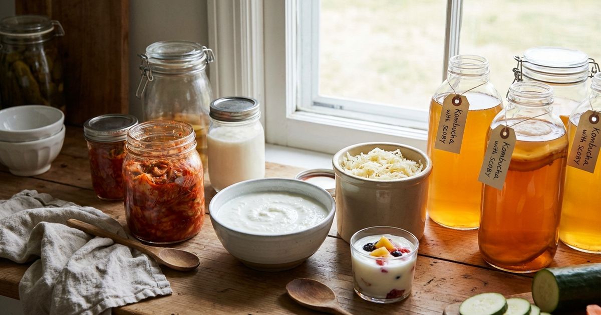 Fermented foods including kimchi, kefir, yogurt and sauerkraut shown together — science confirms their gut microbiome benefits.