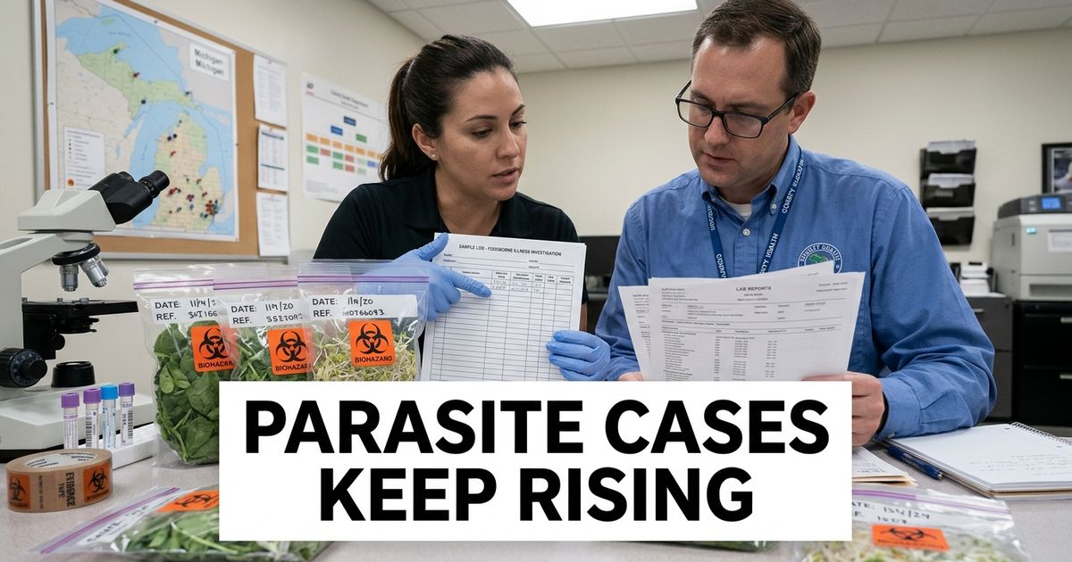Cyclosporiasis cases rise as public health workers review produce samples and Michigan outbreak paperwork.