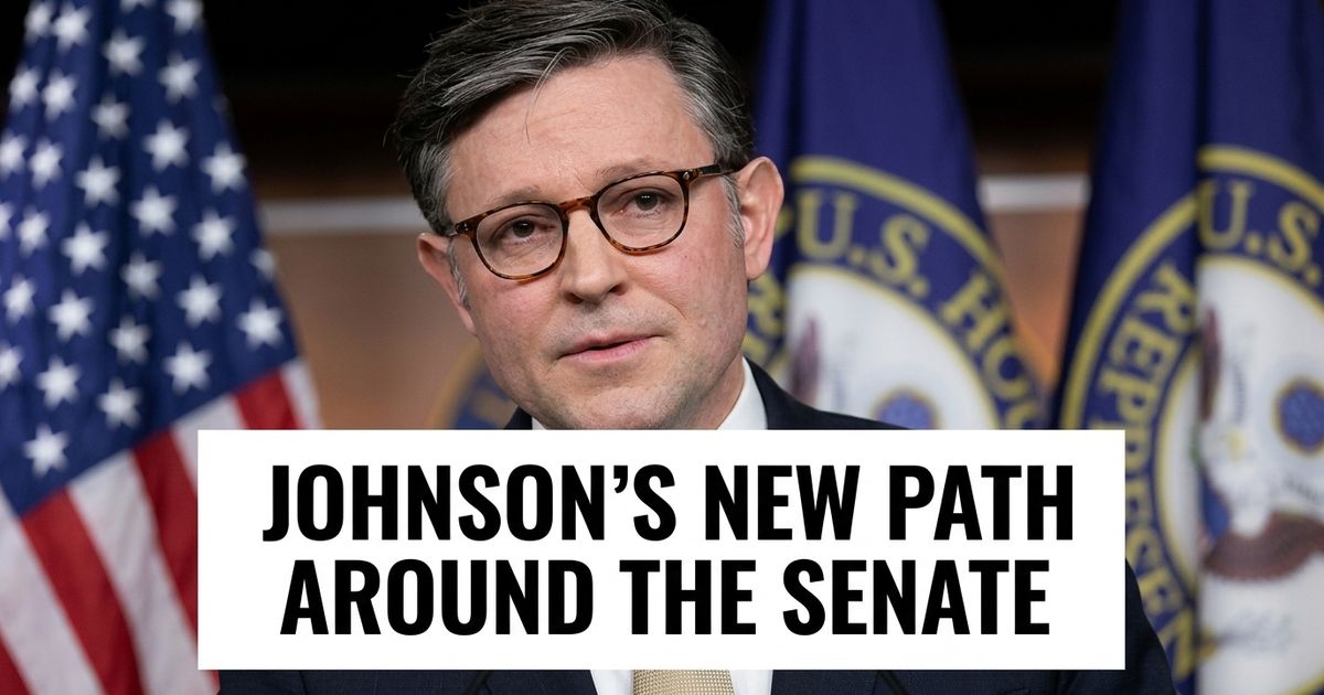 U.S. Capitol and press microphones as Speaker Johnson faces a new SAVE America Act push.