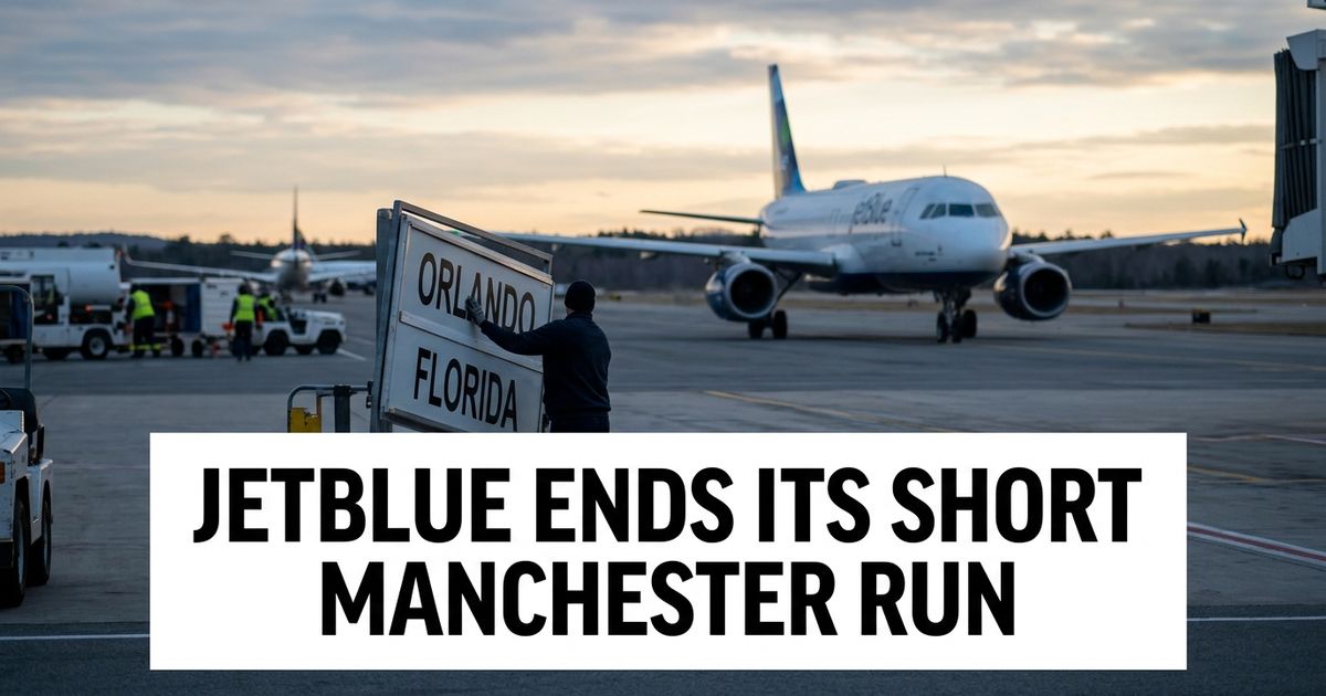 JetBlue Manchester exit represented by a departing passenger aircraft and Florida route signs being removed at MHT.