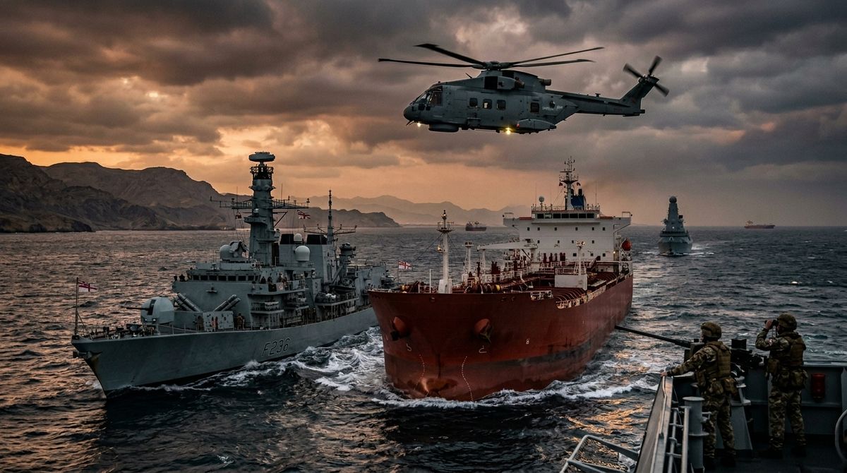 Royal Navy vessels escort commercial tankers near the Strait of Hormuz.