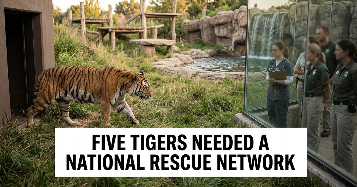 Rescued tiger Sitara entering her new Oakland Zoo habitat after a five-tiger transfer and sanctuary placement effort.