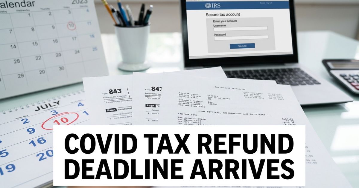 IRS refund paperwork, Form 843 and a July 10 deadline calendar on a tax-preparation desk.