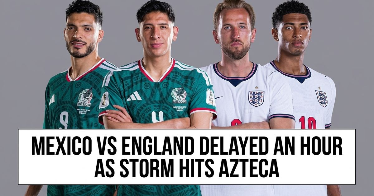 Stadium under storm clouds with lightning representing the Mexico vs England World Cup delay