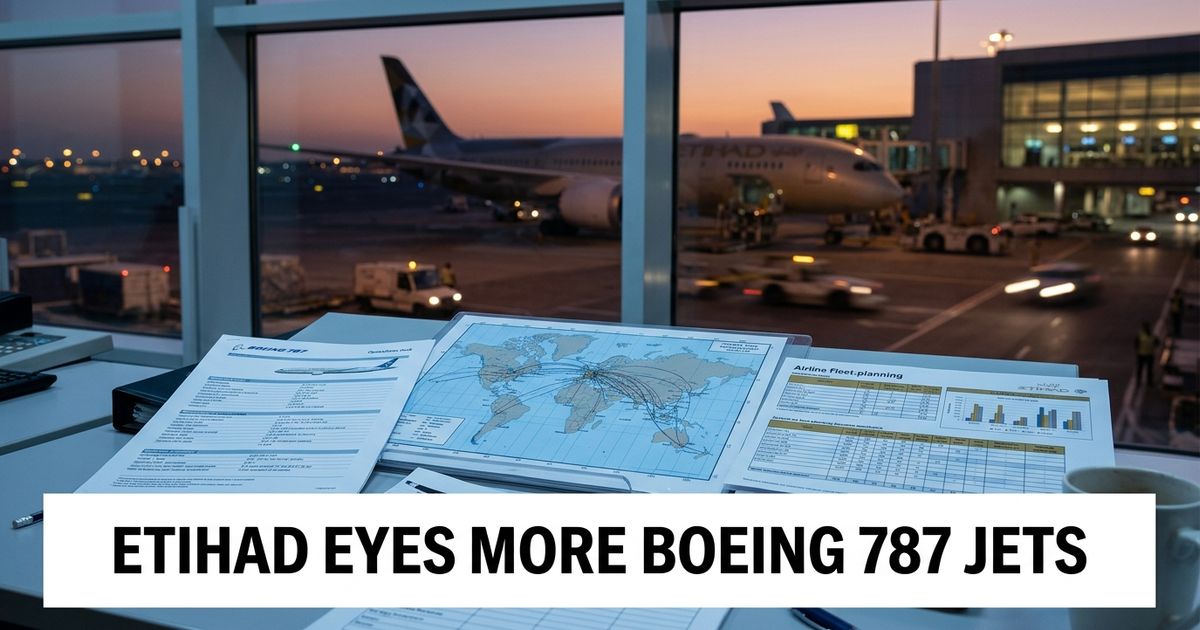 Wide-body aircraft at dusk with Boeing 787 fleet planning documents and airline route maps.