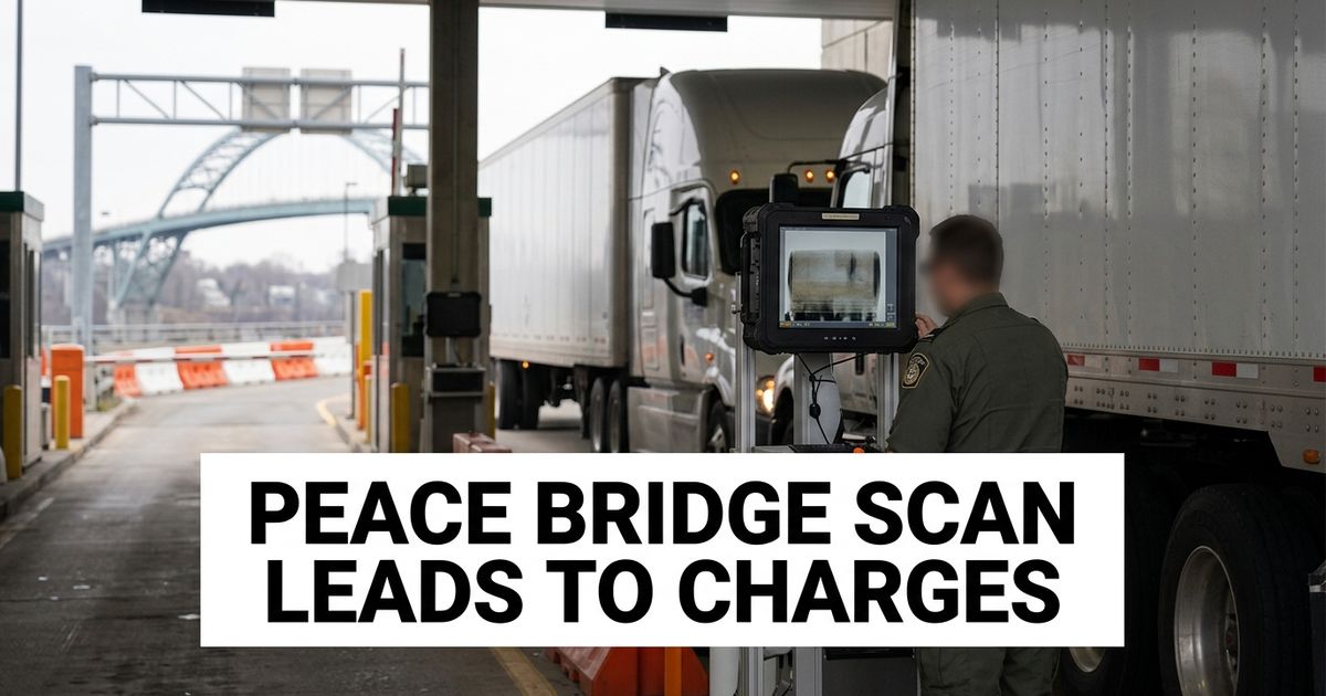 Commercial truck at a U.S.-Canada border inspection lane with X-ray screening equipment and Peace Bridge in background.