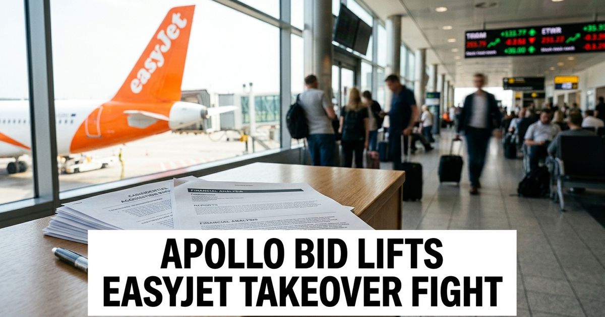 Orange budget airline aircraft tail beside airport terminal windows and takeover documents.