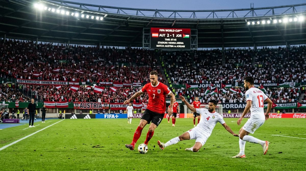 Austria celebrate their 3-1 win over Jordan at the 2026 World Cup in San Francisco, with Marko Arnautovic converting the decisive late penalty.