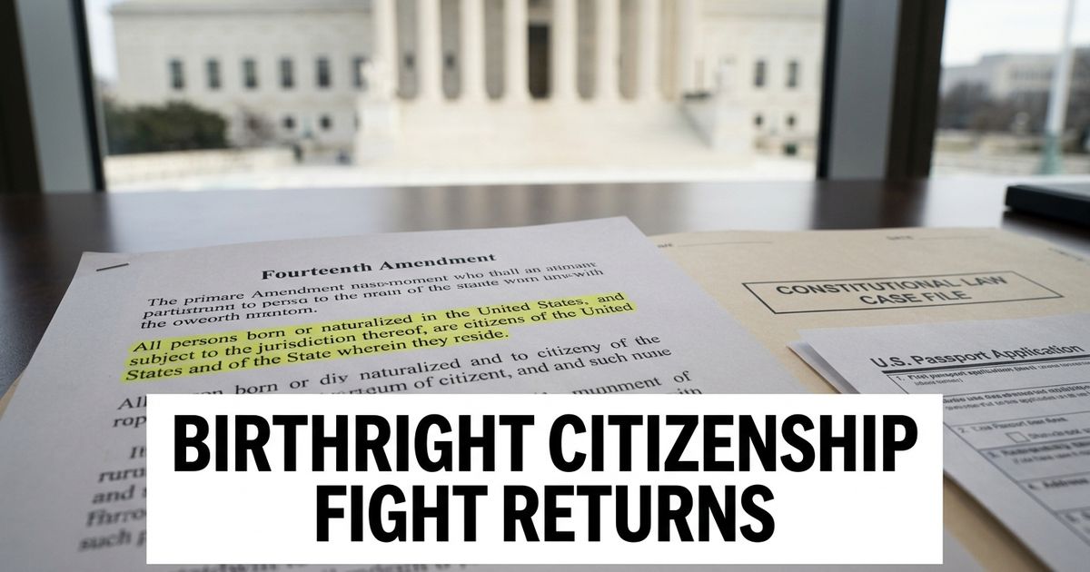 U.S. Supreme Court steps with constitutional case files, passport forms and highlighted Fourteenth Amendment text.
